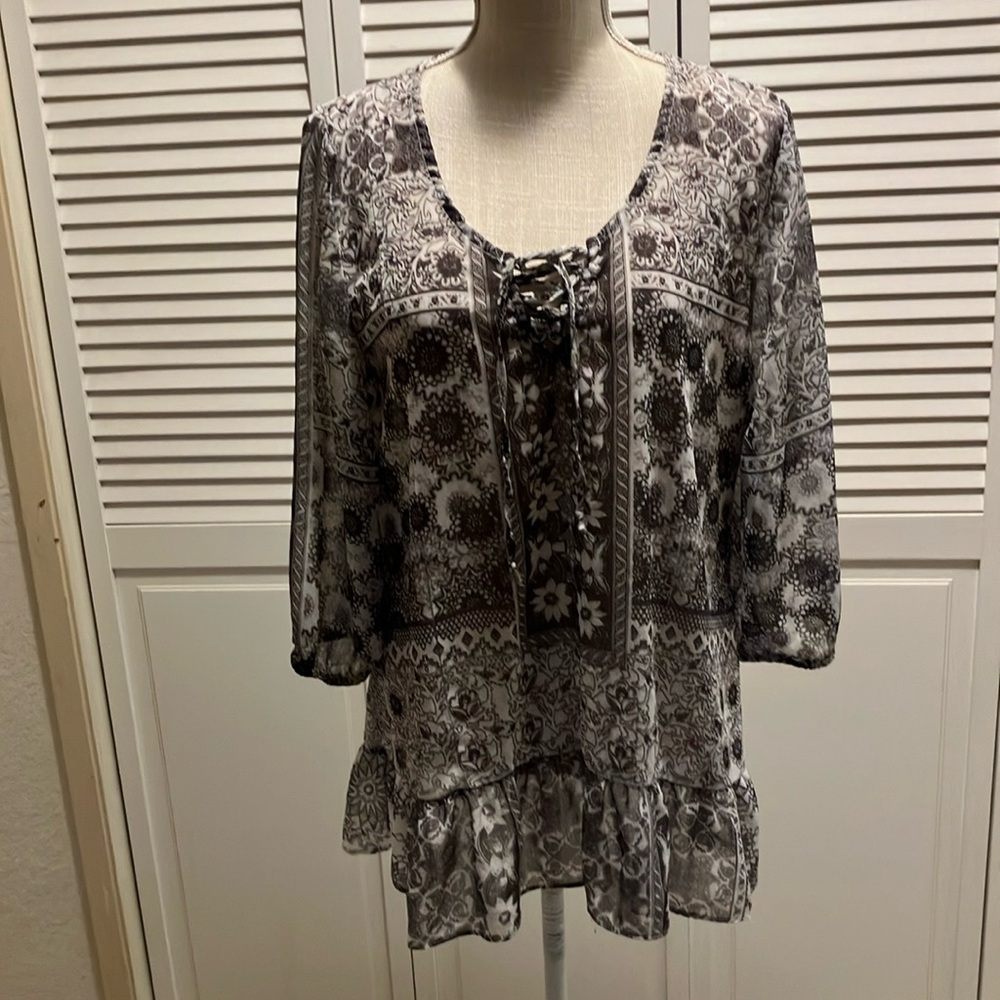 STYLE & CO tunic flowers & Paisley top ruffle hem 3/4 sleeves tan & brown size L